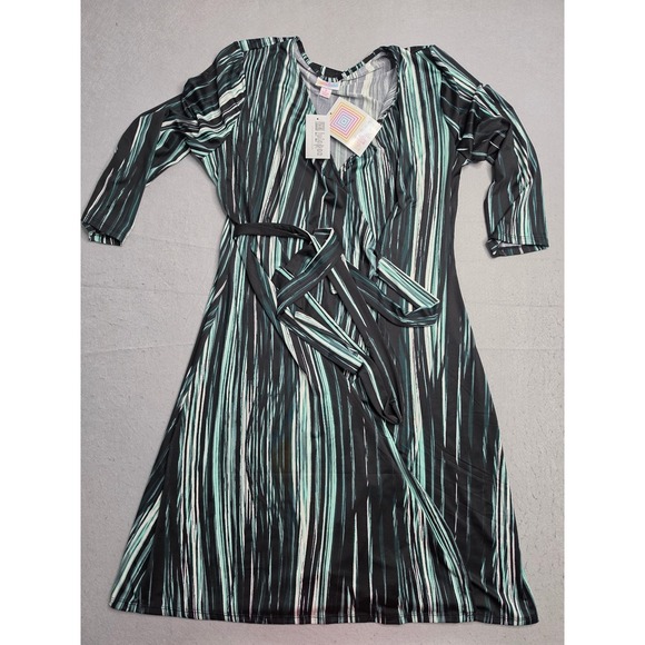 LuLaRoe Dresses & Skirts - LuLaRoe Wrap Dress Women's Small Green Black Striped Tie Waist 3/4 Sleeve Casual